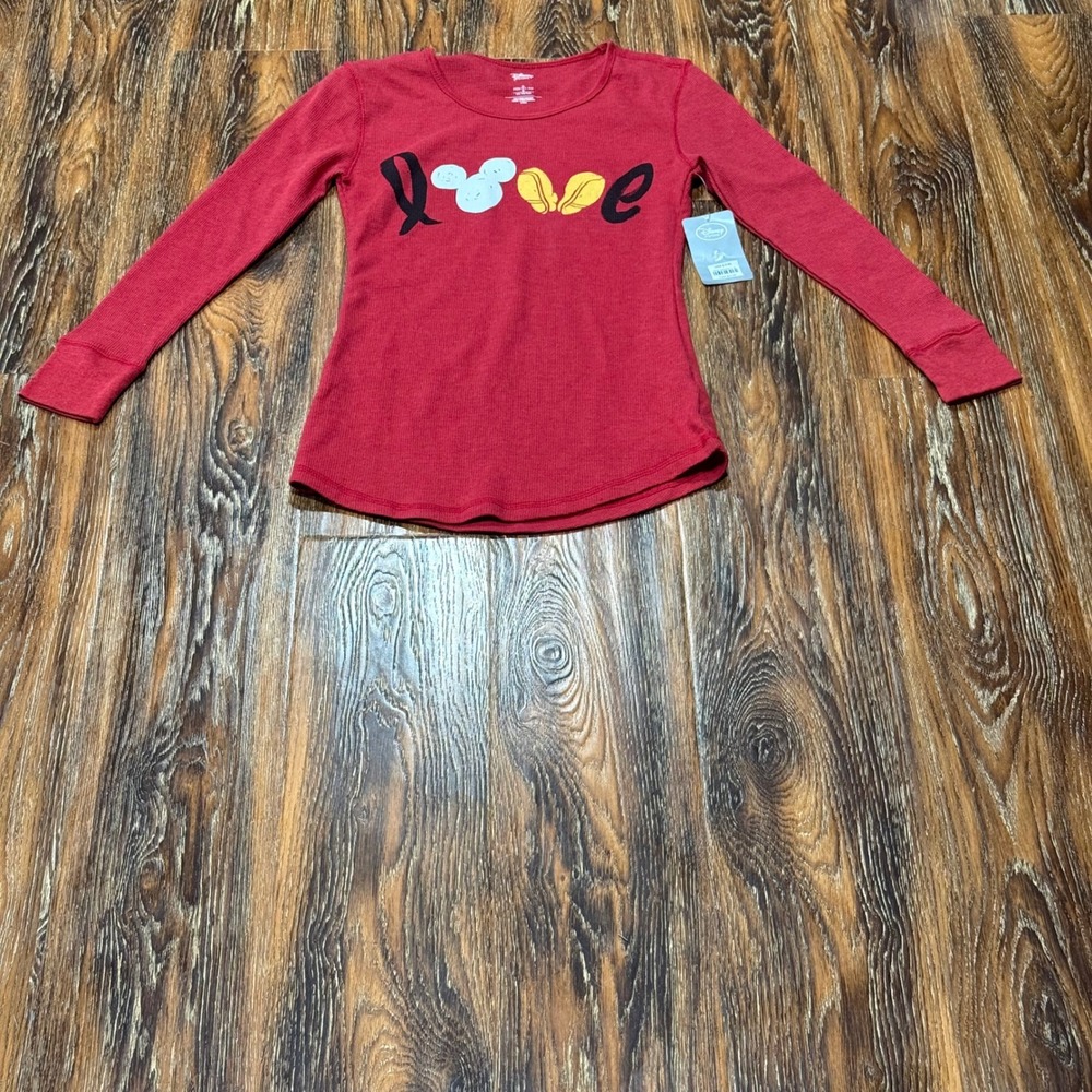 NEW Disney Store Womens Size XS Mickey Mouse Love Red Waffle Knit Thermal Top